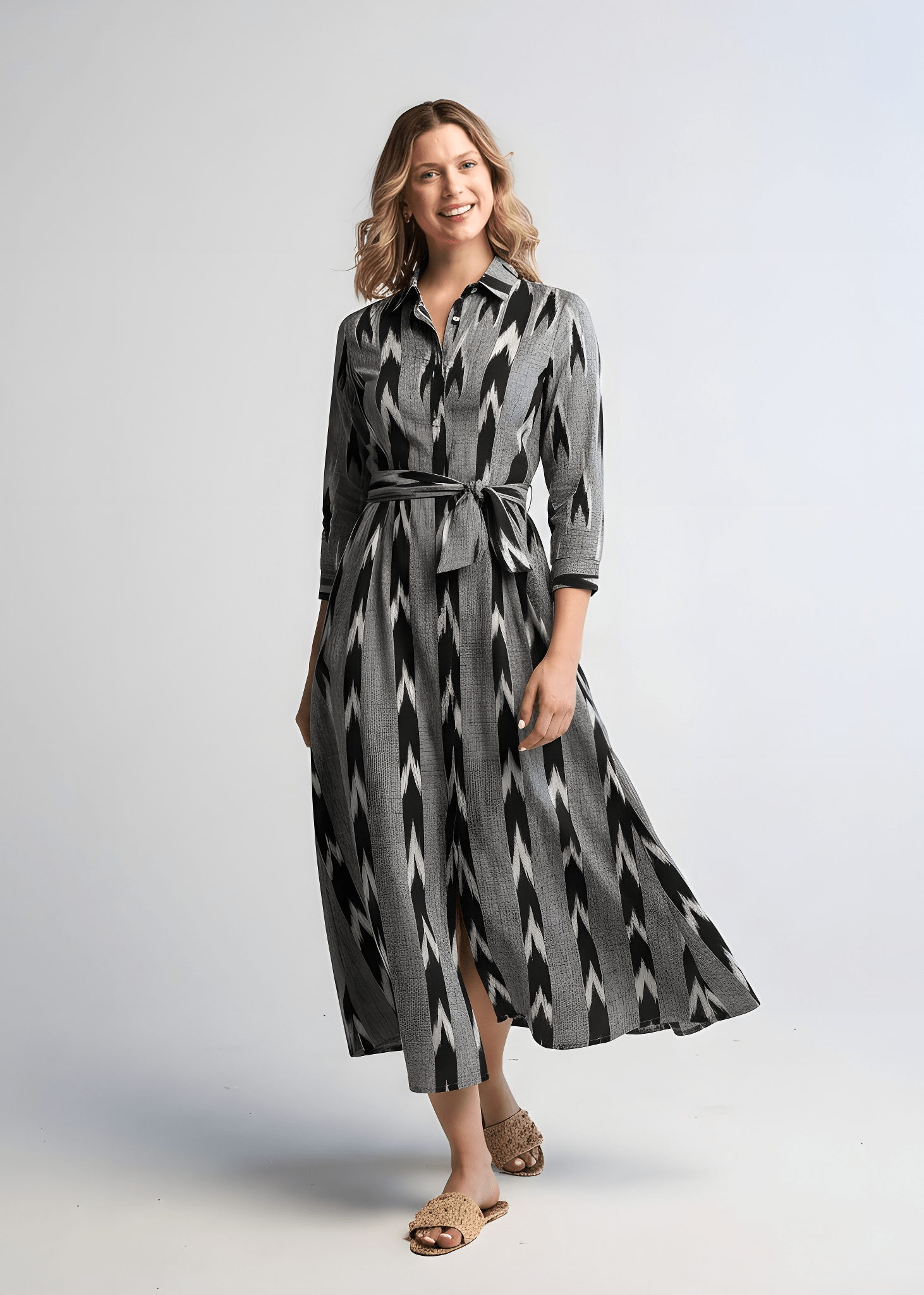white christmas dresses Pomegranate | Ikat Azul Long Button Down Dressm | 100% Cotton