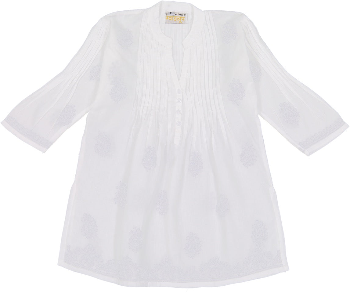 Women's 3/4 Sleeves Embroidered Pattern Pleated Blouse