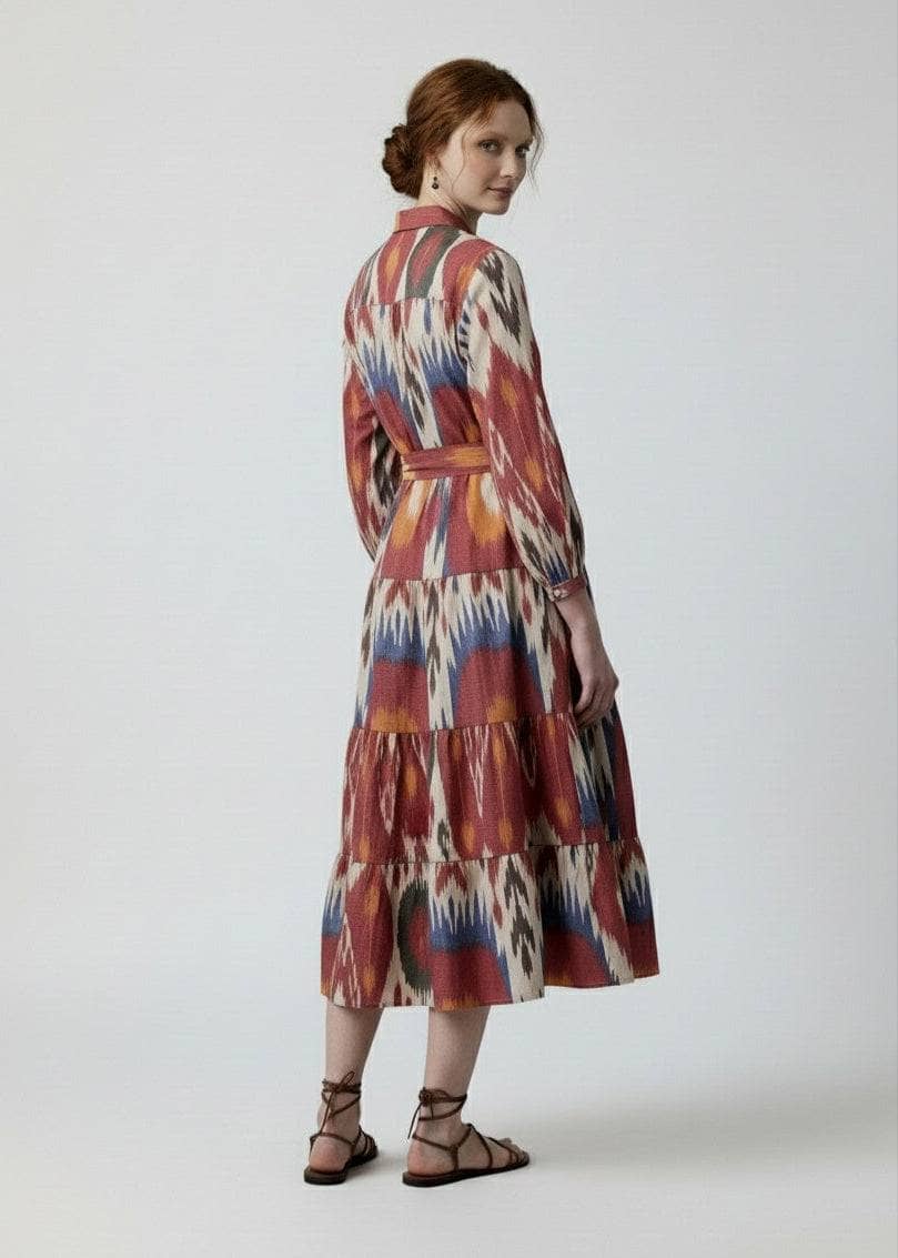 western ikat dress designs Paloma Flounce Dress in Burgundy / Aubergine Mosaic Ikat Beau & Ro